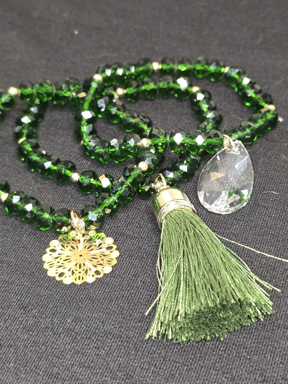 Green Bead Bracelet with Tassel and Gold Filigree Charm